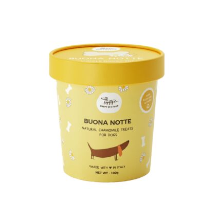 barattolo giallo di biscotti per cani